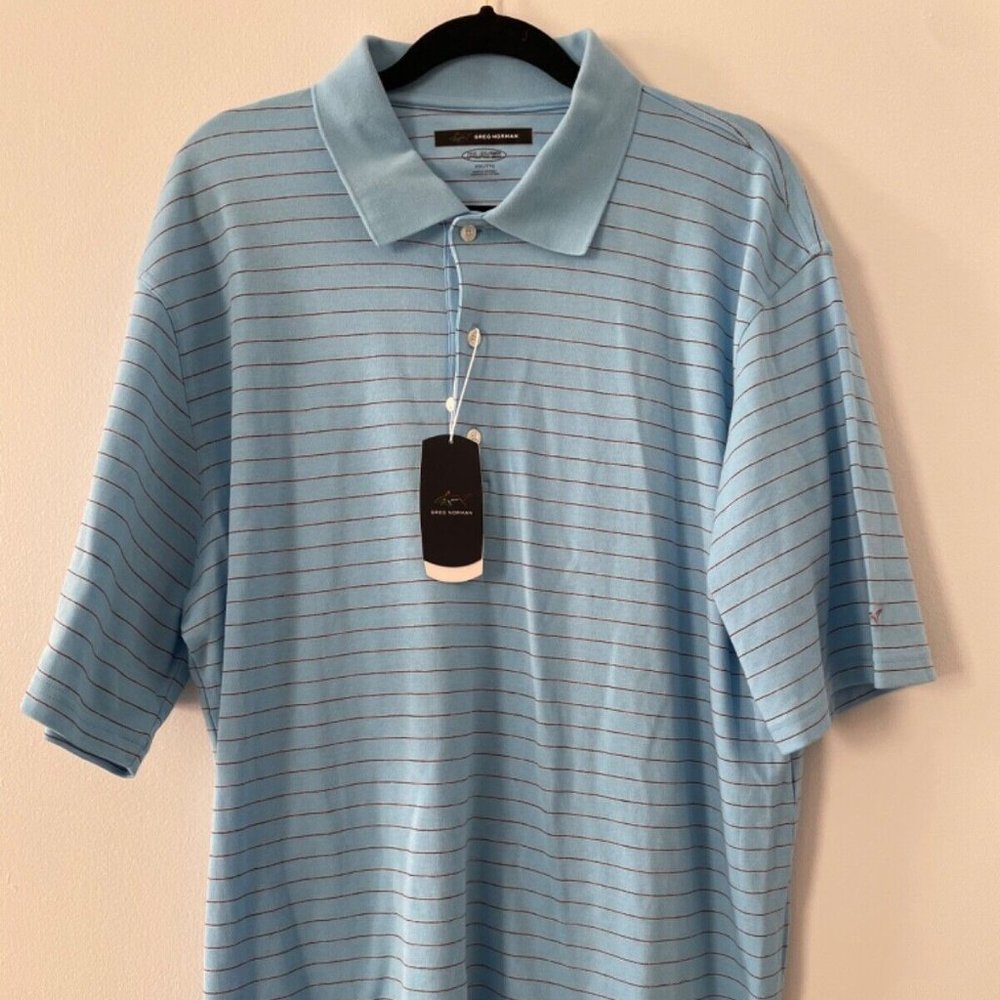 Greg Norman-Mens Play-Dry Golf Polo Shirt, XXLarge, Blue, Stripes, NEW w/ Tags